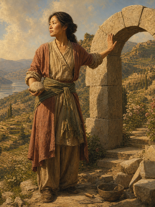 The Architect — a mythic figure standing beside a stone archway on a terraced hillside in high afternoon light, cradling a shaped stone in one hand, her other hand resting on the finished stone of the arch.