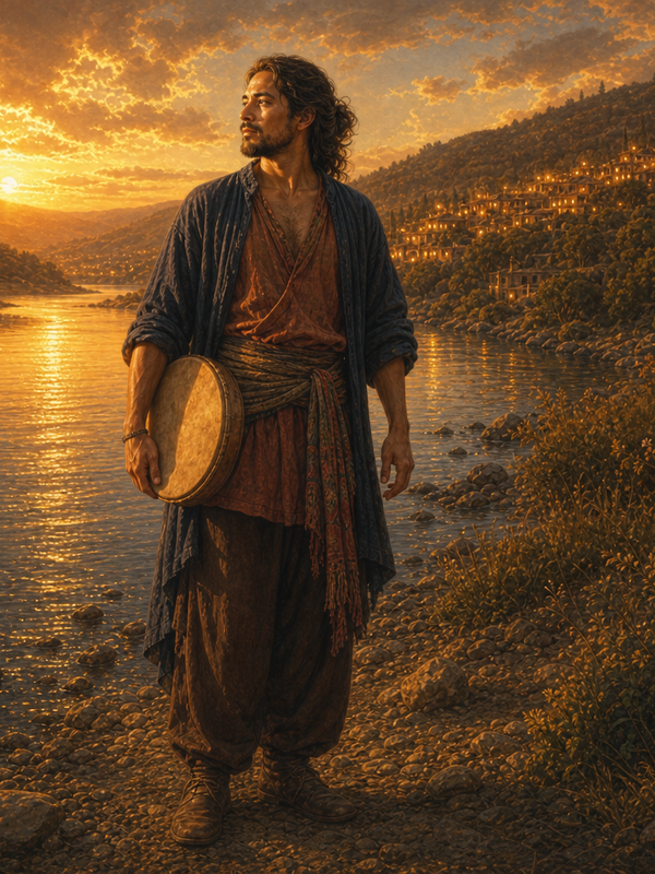 The Creator — a mythic figure standing at the edge of a broad river in warm golden-hour light, holding a wooden frame drum at his hip, with the distant hillside village of warm lit windows behind him.