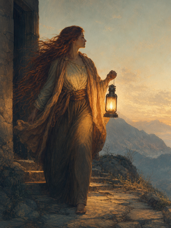 The Seeker — a mythic figure standing at a weathered stone threshold at dawn, holding a warmly glowing lantern, gazing out over a vast valley and distant mountains touched by first light.