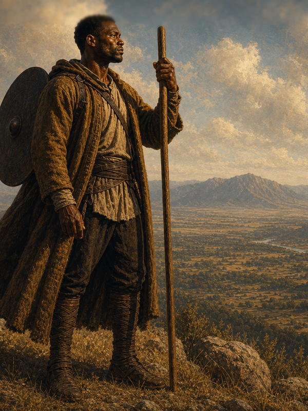 The Warrior — a mythic figure standing on a high grassland with a round shield strapped to his back and a tall wooden staff in hand, gazing across a valley in mid-morning light.