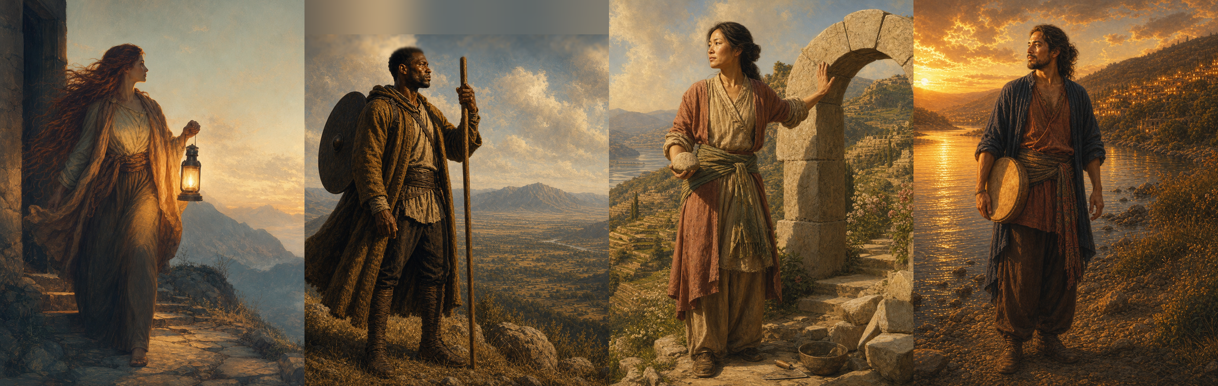 Four archetype figures painted in mythic realism across a shared landscape from dawn to golden hour.