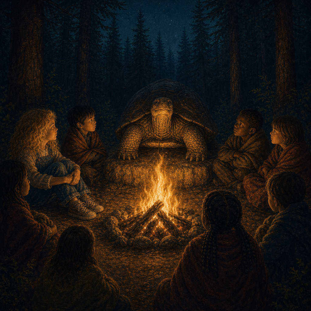 The Magic Tortoise cover - an ancient tortoise at a firelit circle in an evergreen forest.